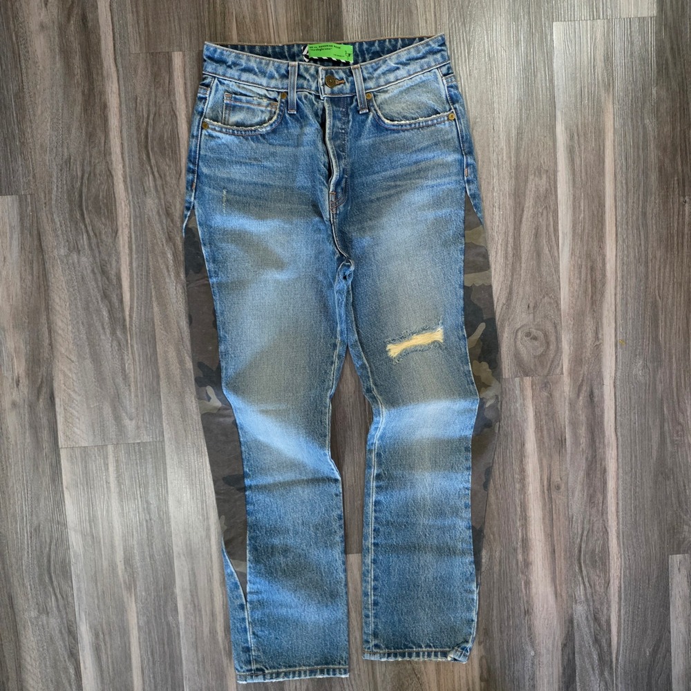 Sandrine Rose Camo Side Panel Straight Leg Jeans Blue Distressed Size 26 US Made